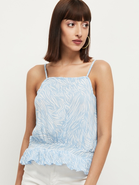 

max Blue & Off White Animal Printed Cinched Waist Top