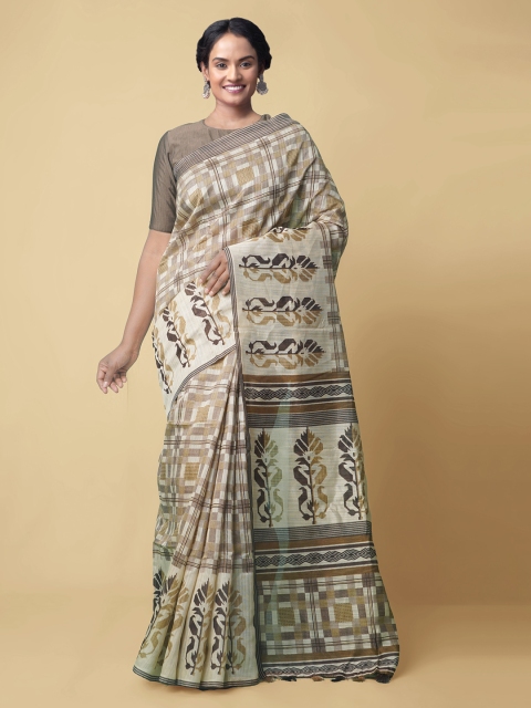 

Unnati Silks Brown & Grey Pure Silk Printed Block Print Saree