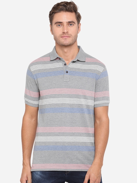 

JADE BLUE Men Grey Striped Polo Collar T-shirt
