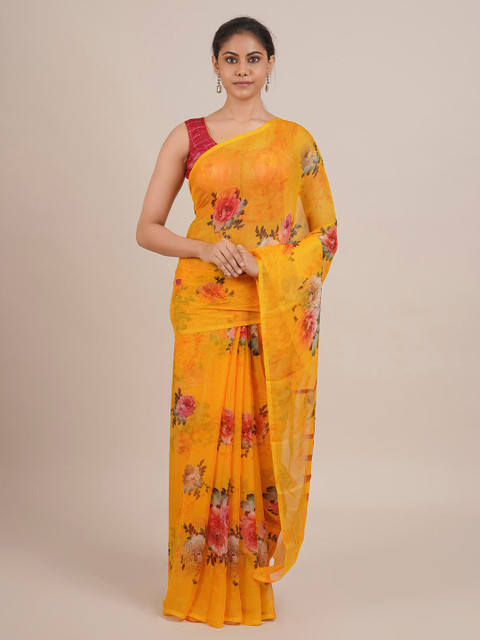 

Pothys Yellow Printed Poly Chiffon Saree