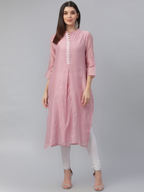 

nesara Women Peach-Coloured Thread Work Chanderi Silk Kurta