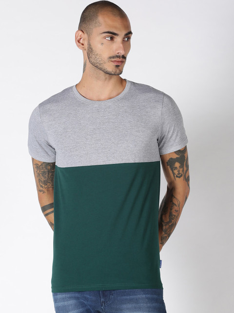 

Blue Saint Men Grey & Green Colourblocked Round Neck Cotton T-shirt