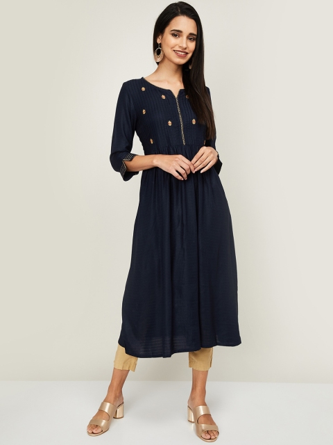 

Melange by Lifestyle Women Navy Blue & Gold-Toned Ethnic Motifs Yoke Design Thread Work Kurta