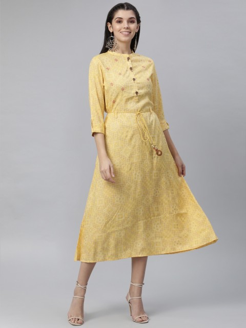 

nesara Women Yellow Printed A-Line Dress
