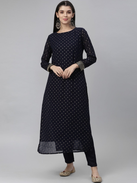 

nesara Women Navy Blue & Gold-Toned Geometric Printed Sequins Georgette Kurta