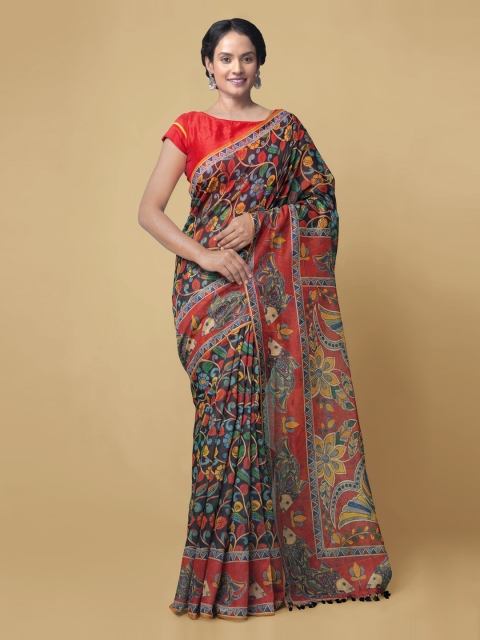 

Unnati Silks Black & Red Silk Cotton Kalamkari Printed Chanderi Handloom Saree