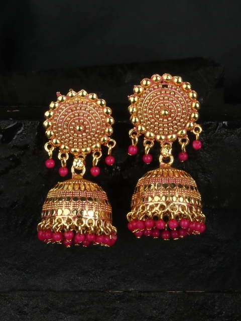 

ANIKAS CREATION Gold-Plated Pink Dome Shaped Jhumkas