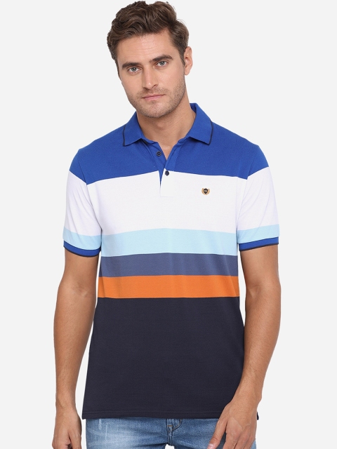 

JADE BLUE Men Blue Striped Cotton Polo Collar Pure Cotton T-shirt
