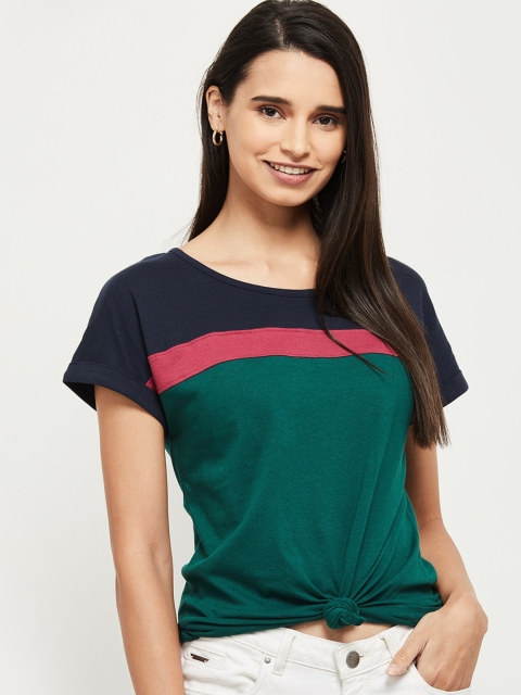 

max Women Navy Blue Colourblocked Round Neck T-shirt