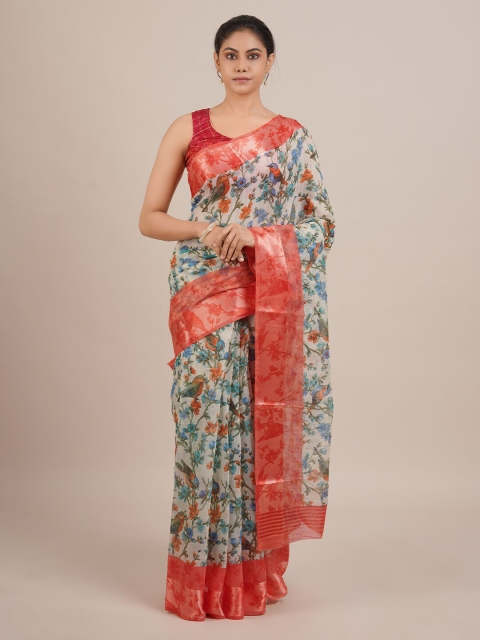

Pothys Cream-Coloured & Red Linen Blend Printed Saree