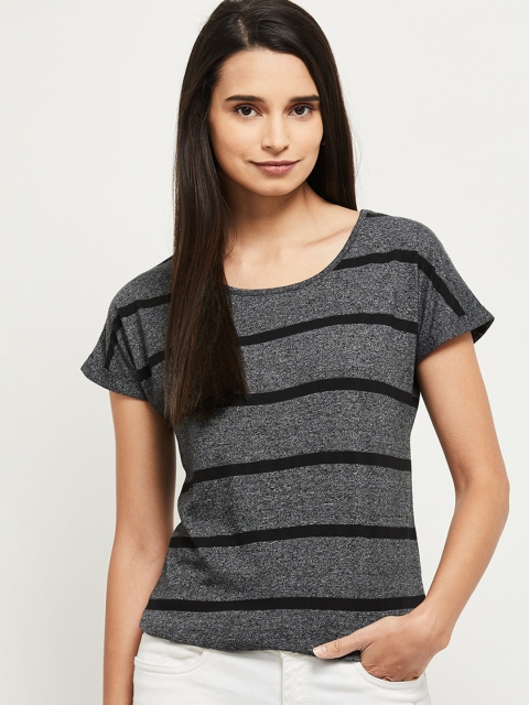 

max Women Charcoal Striped Round Neck Cotton T-shirt
