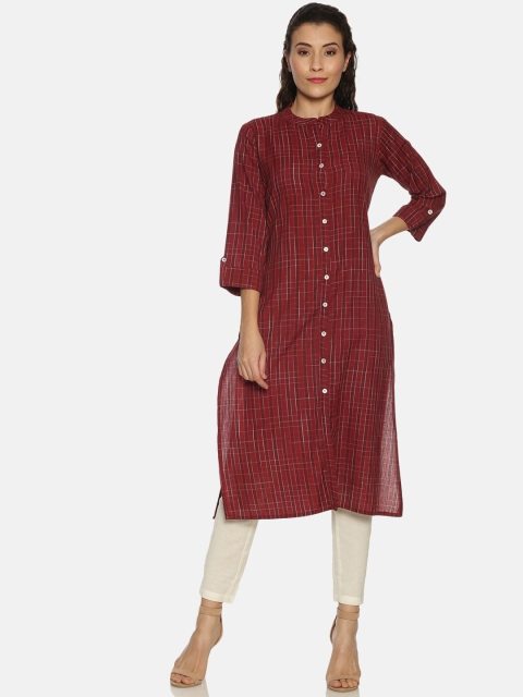 Saffron Threads Women Maroon Checked Straight Kurta
