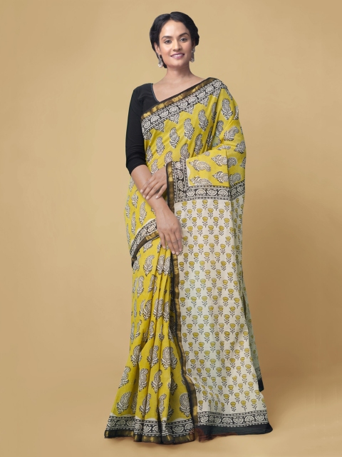 

Unnati Silks Yellow & Off-White Pure Cotton Printed Handloom Bagru Saree