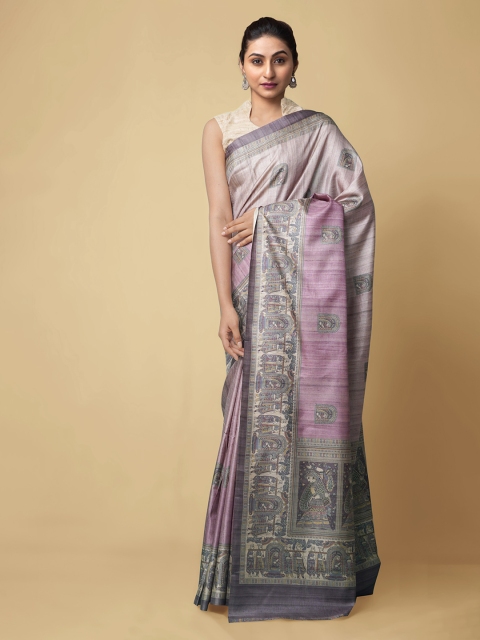 

Unnati Silks Lavender Pure Silk Woven Design Block Print Saree
