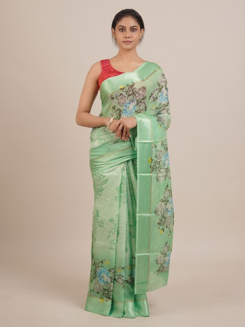 

Pothys Green Floral Printed Jute Silk Saree