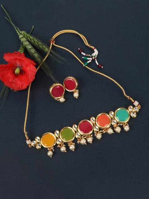 

JEWELS GEHNA Gold-Plated White & Red Kundan-Studded & Beaded Vilandi Jewellery Set