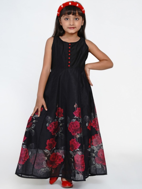 

Bitiya by Bhama Girls Black & Pink Floral Printed Silk Maxi Dress