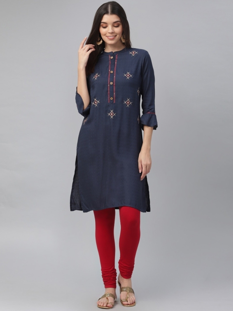 

nesara Women Navy Blue Flared Sleeves Thread Work Dobby Kurta