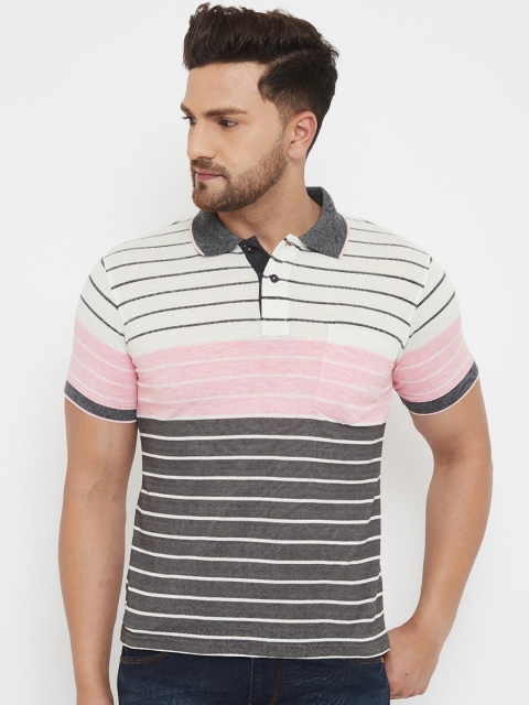 

HALTON HILLS Men Charcoal Grey & Off White Striped Polo Collar T-shirt