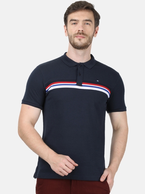 

Monte Carlo Men Navy Blue & White Striped Polo Collar T-shirt