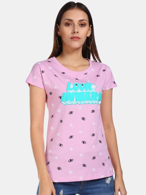 

Sugr Women Pink Printed Round Neck Cotton T-shirt