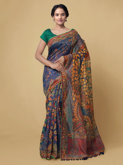 

Unnati Silks Blue Silk Cotton Printed Chanderi Saree