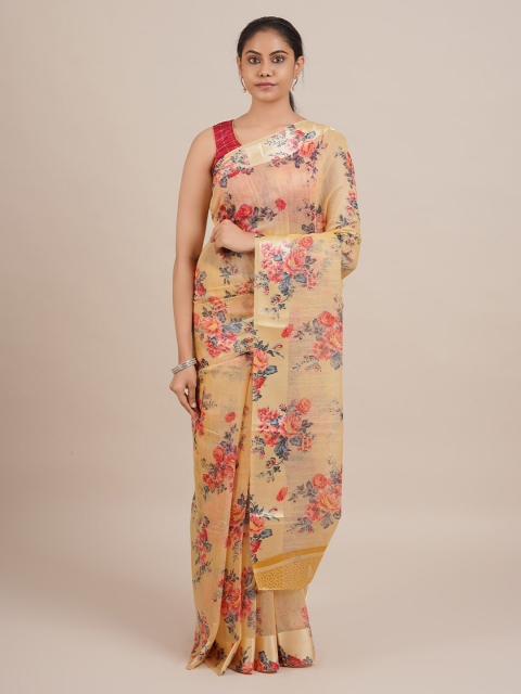 

Pothys Yellow Printed Linen Blend Saree