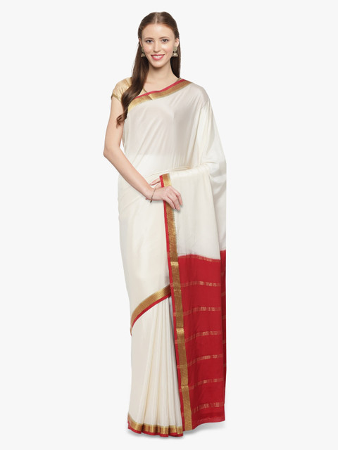 

Sudarshan Silks Cream-Coloured & Red Pure Silk Solid Mysore Silk Saree