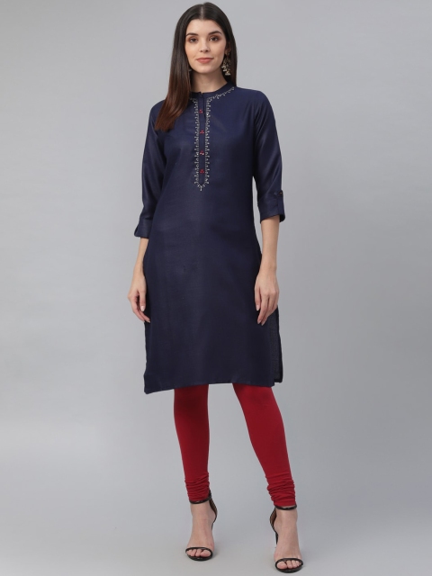 

nesara Women Navy Blue Yoke Design Flared Sleeves Thread Work Kurta