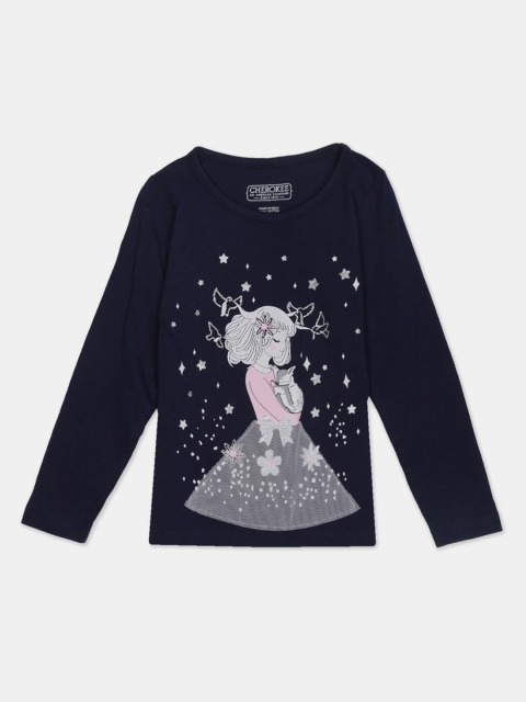 Cherokee Girls Navy Blue Printed Round Neck T-shirt