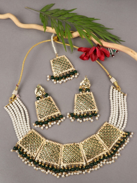 

JEWELS GEHNA Gold-Plated Green & White Stone-Studded & Beaded Jadau Jewellery Set