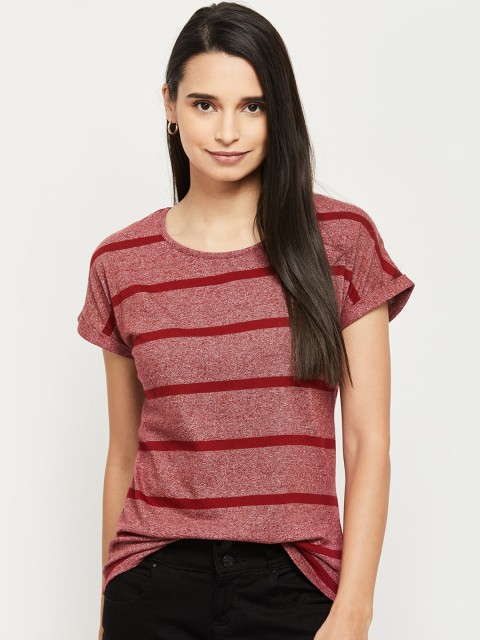

max Women Maroon Striped Round Neck T-shirt