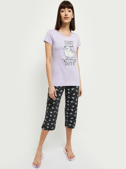 

max Women Lavender & Charcoal Printed Night suit