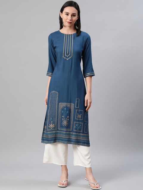 

ZIYAA Women Teal Foil Print Kurta with Palazzos