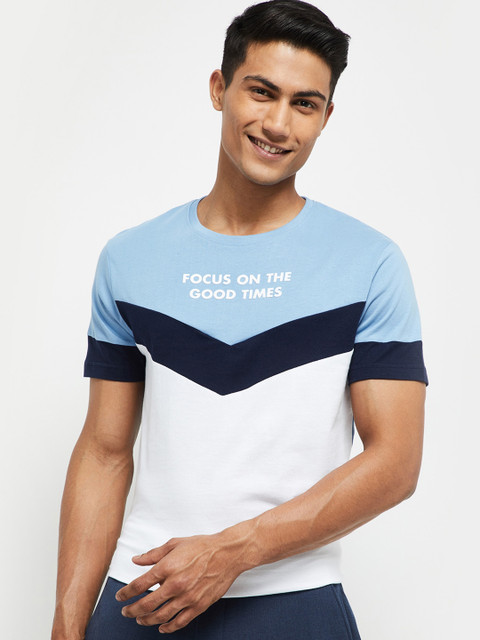 

max Men Blue & White Colourblocked Round Neck T-shirt