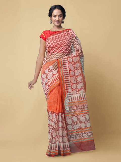 

Unnati Silks Orange Net Printed Patola Saree