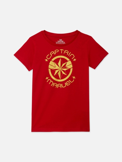 

Kids Ville Girls Red Printed Round Neck Captain Marvel T-shirt