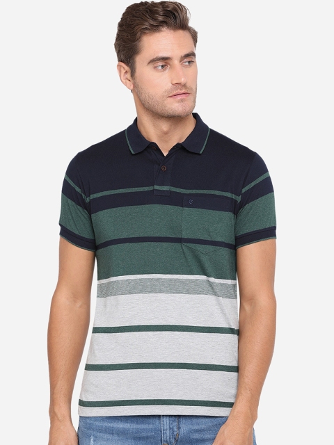 

Greenfibre Men Navy Blue & Green Striped Polo Collar T-shirt