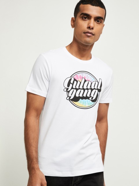 

max Men White Printed Round Neck T-shirt