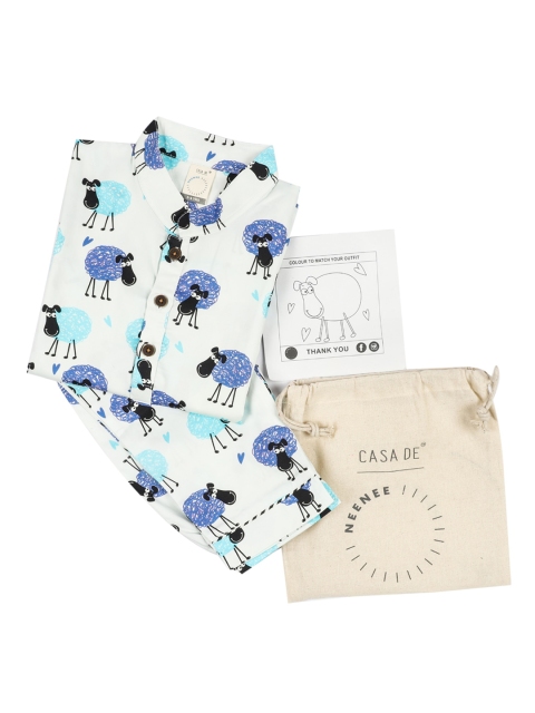 

CASA DE NEE NEE Boys White & Blue Printed Night suit