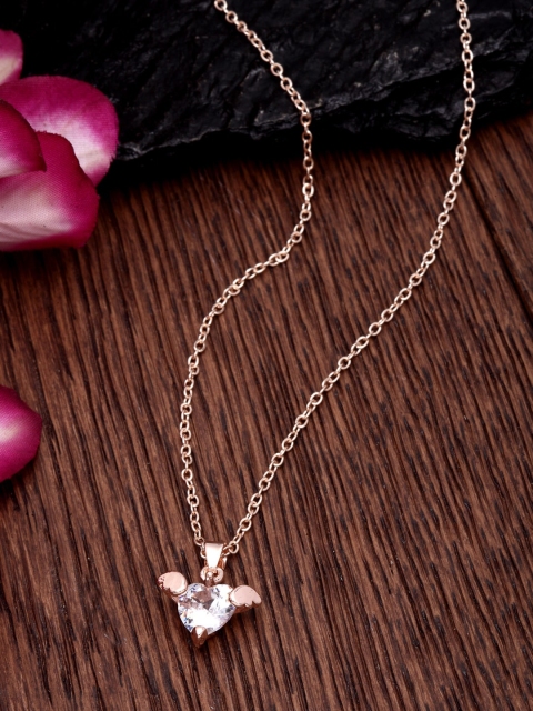 

Ferosh Rose Gold-Toned Stone-Studded Angel Heart Shaped Pendant With Chain
