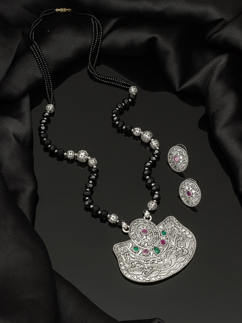 

aadita Oxidized Silver-Toned & Black Stone-Studded Tribal Mangalsutra With Earrings