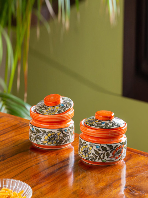 

ExclusiveLane Set Of 2 Orange & White Floral Hand-Painted Ceramic Jars With Lids