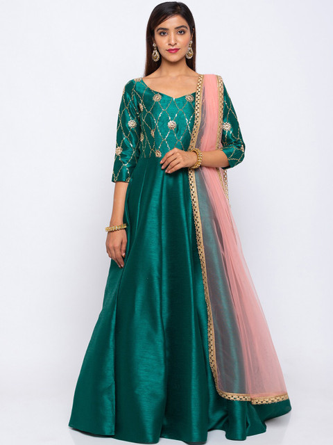 

6Y COLLECTIVE Women Green Embroidered Maxi Dress With Dupatta