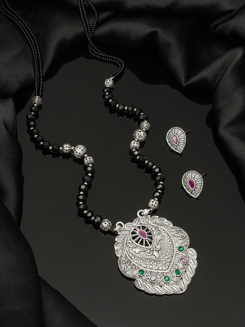 

aadita Oxidized Silver-Toned & Black Stone-Studded Tribal Mangalsutra With Earrings
