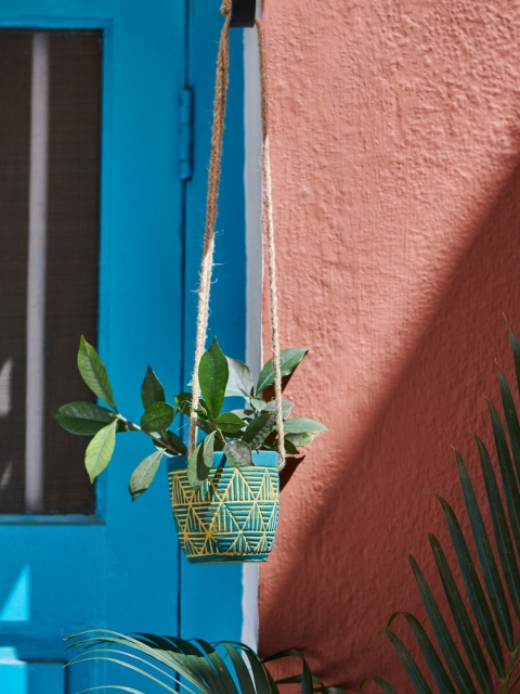 

Chumbak Green & Yellow Hand Painted Planter With Hanging Rope
