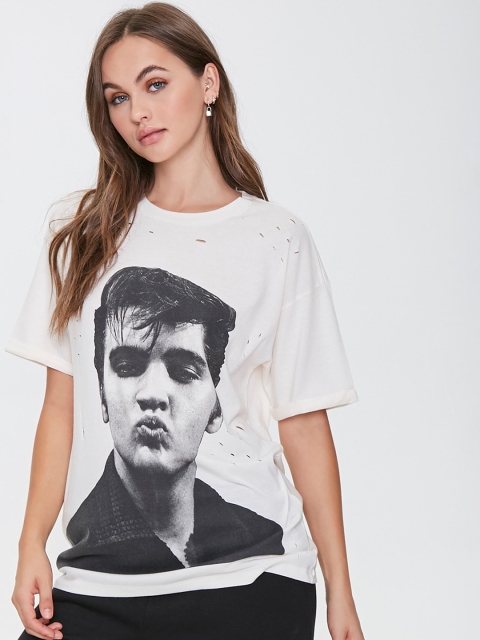 FOREVER 21 Black & Off White Elvis Presley Printed Boxy Top