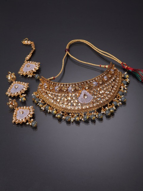 

ANIKAS CREATION Gold-Plated Grey & Gold-Toned Stone-Studded & Beaded Enamelled Jewellery Set