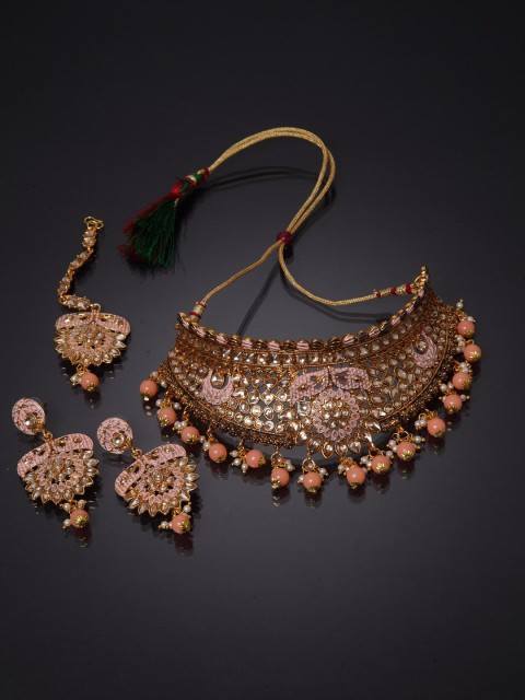 

ANIKAS CREATION Gold-Plated White & Orange Stone-Studded Pearl Beaded Enamelled Jewellery Set