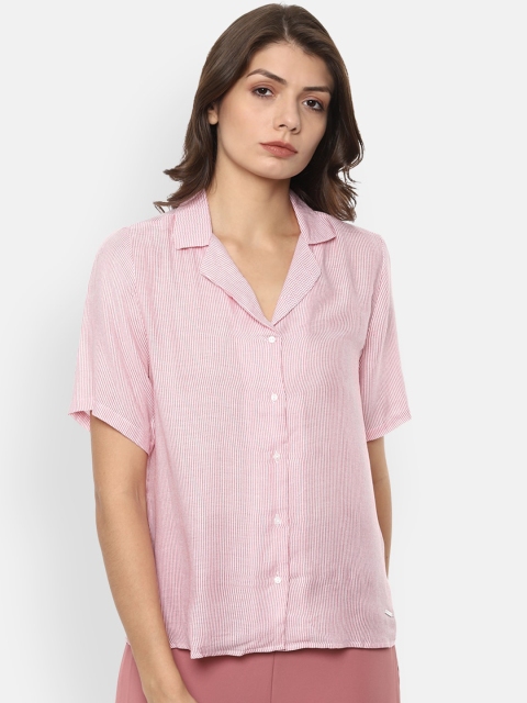 

Van Heusen Woman Pink & White Striped Shirt Style Top